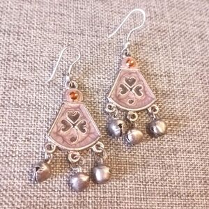 Silvertone Clover Dangle Earrings w/ Bells and Amber Crystals - Pre-loved (2")